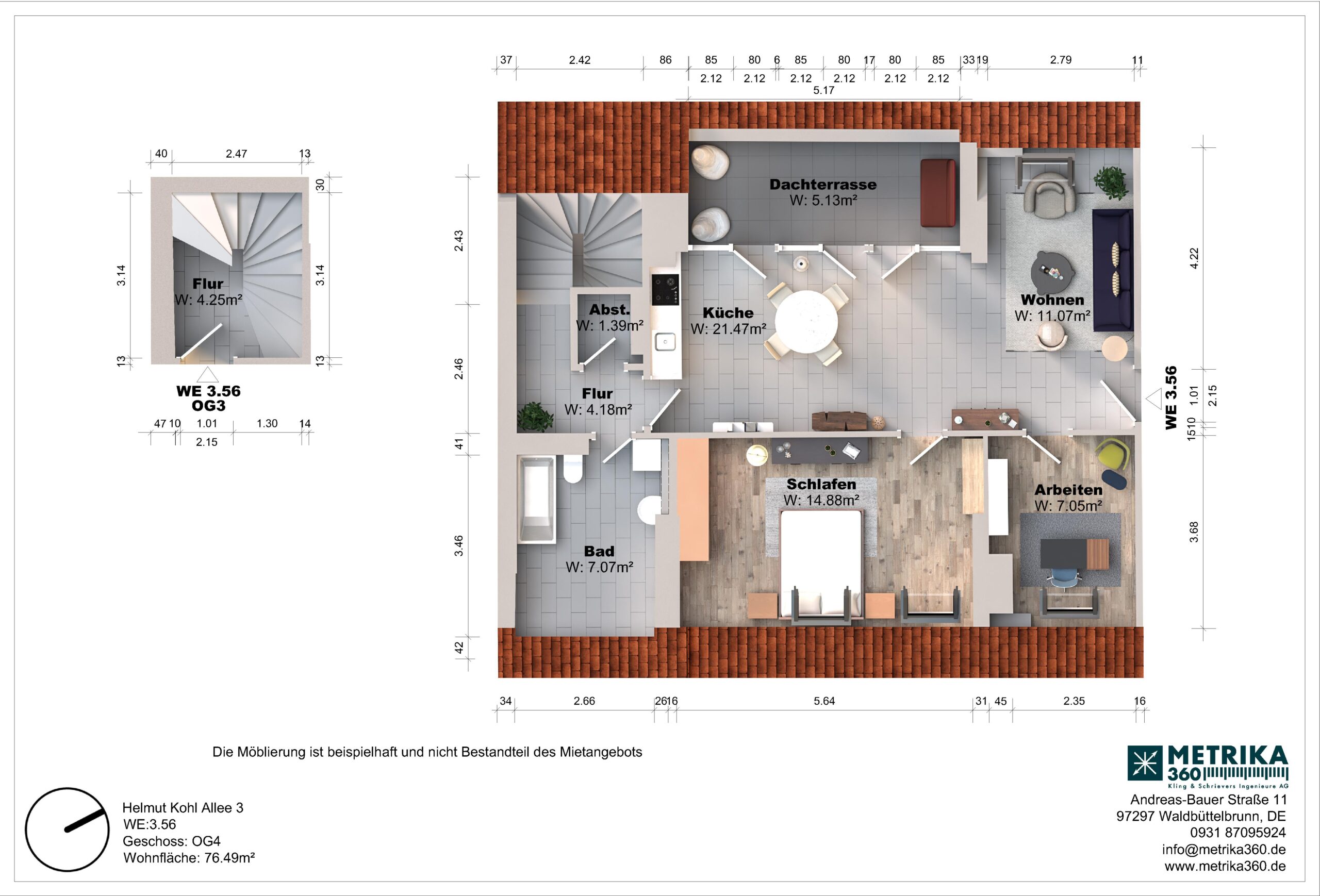 Grundriss einer Wohnung mit Dachterrasse und Möbelanordnung.