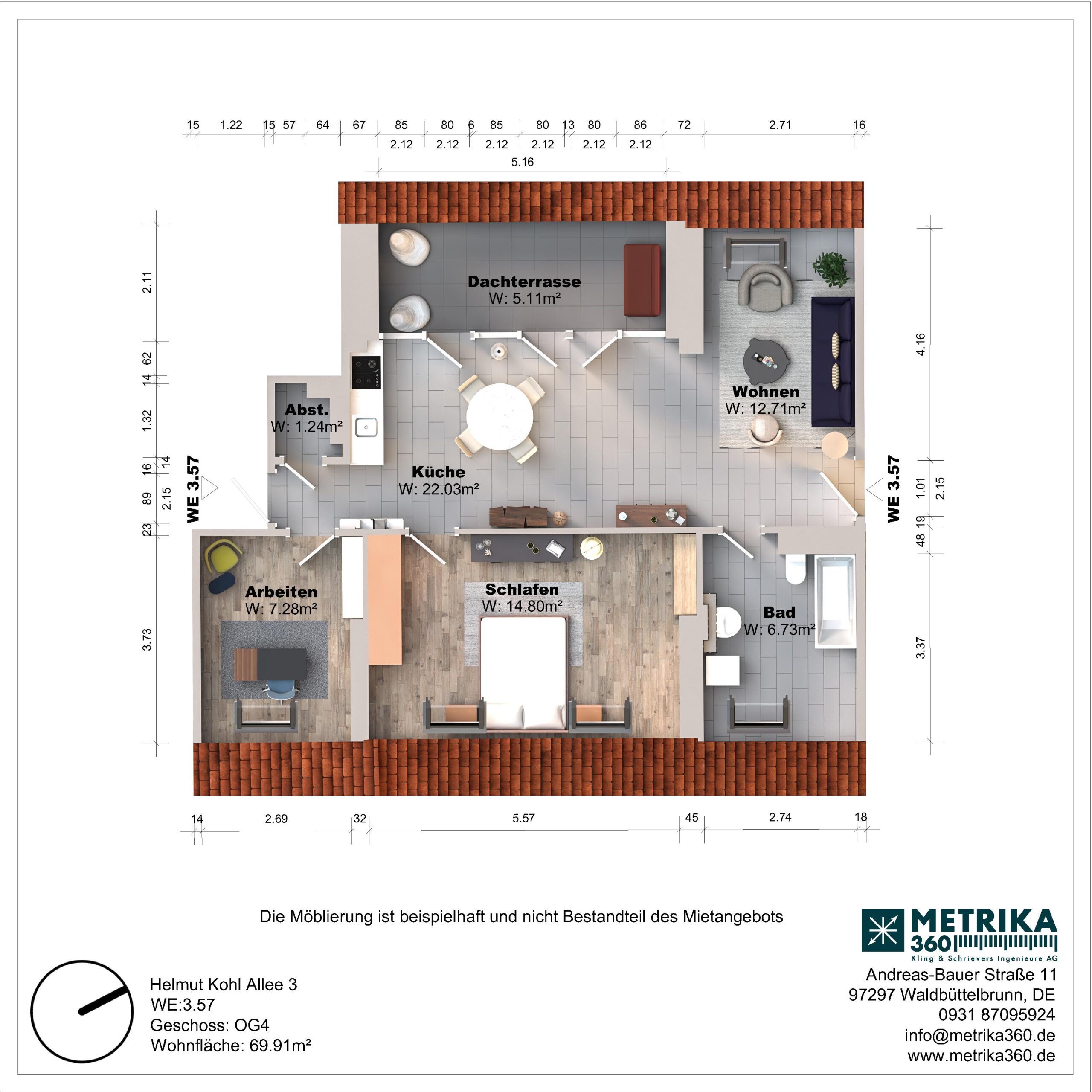 Grundriss einer Wohnung mit Dachterrasse und Möbelanordnung.