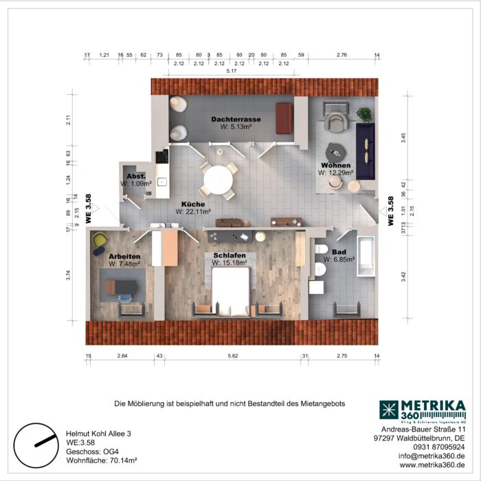 Grundriss einer Wohnung mit Dachterrasse und Möblierung.
