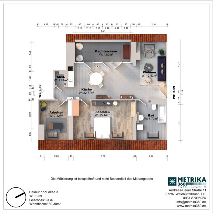 Grundriss einer Wohnung mit Dachterrasse und Möbeln.