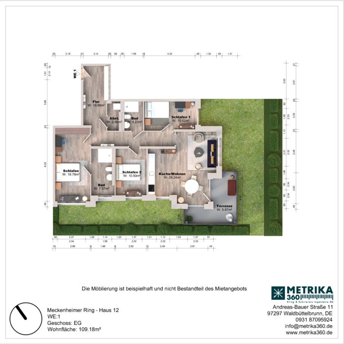 Grundriss einer Wohnung mit Terrasse und Garten.