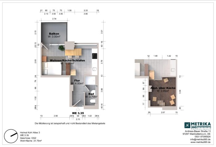 Grundriss einer Wohnung mit Balkon und Abstellraum.