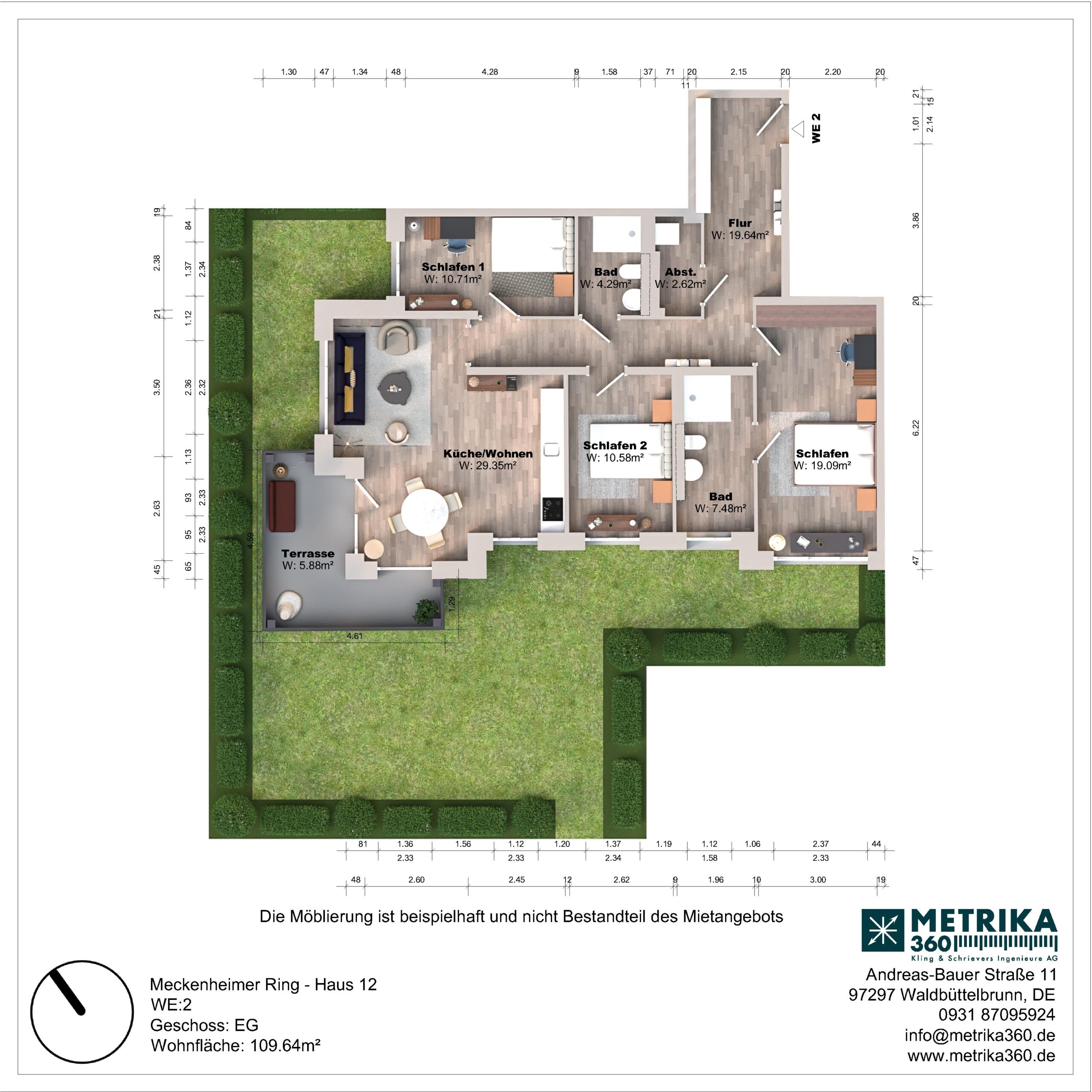 Grundriss einer Wohnung mit Terrasse und Garten.