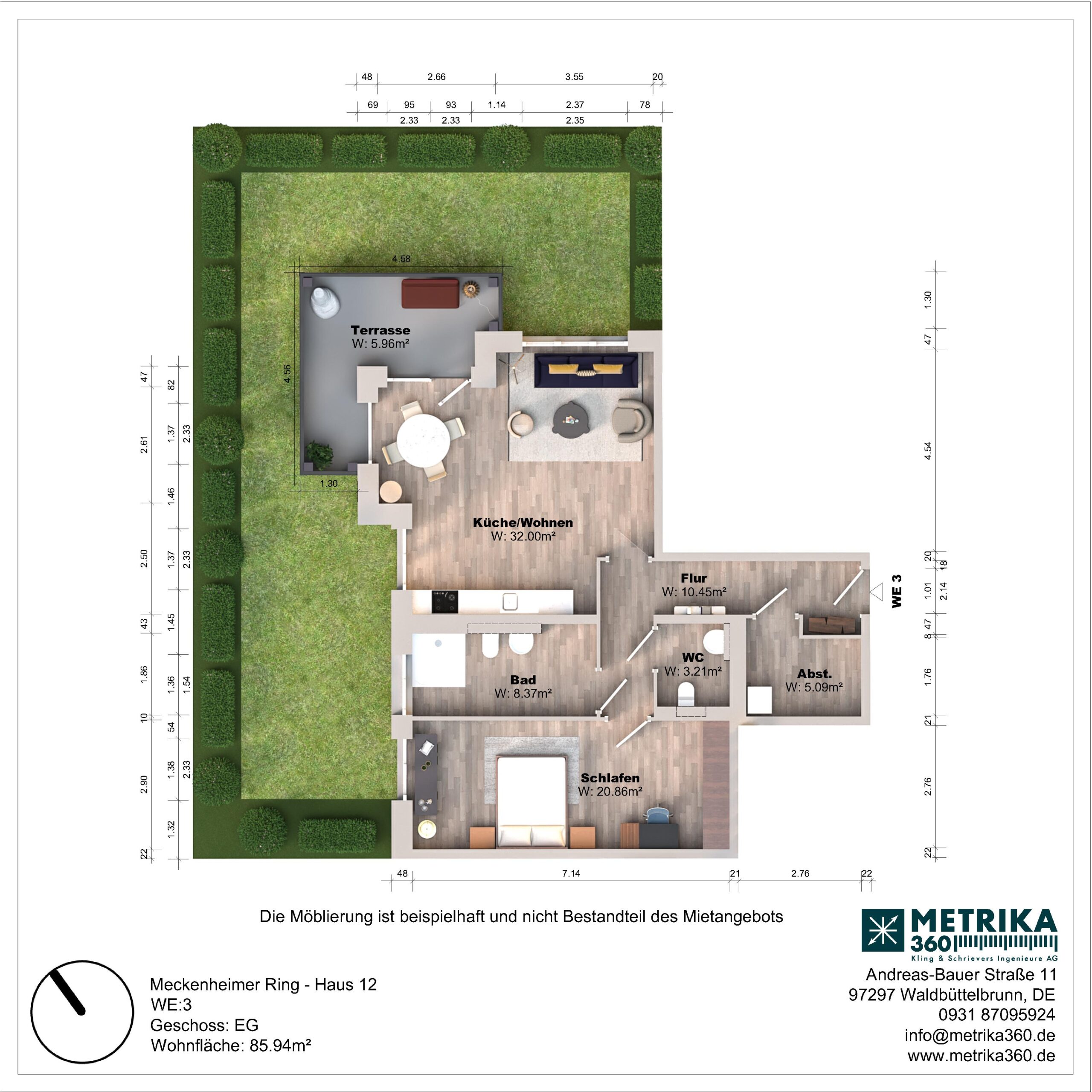 Grundriss einer Wohnung mit Terrasse und Garten.