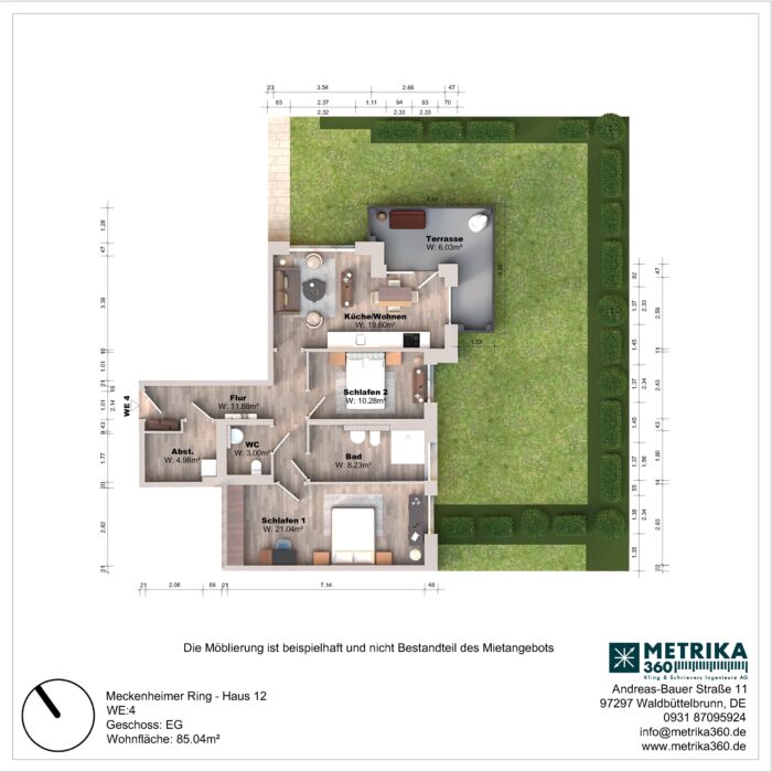 Grundriss einer Wohnung mit Terrasse und Garten.
