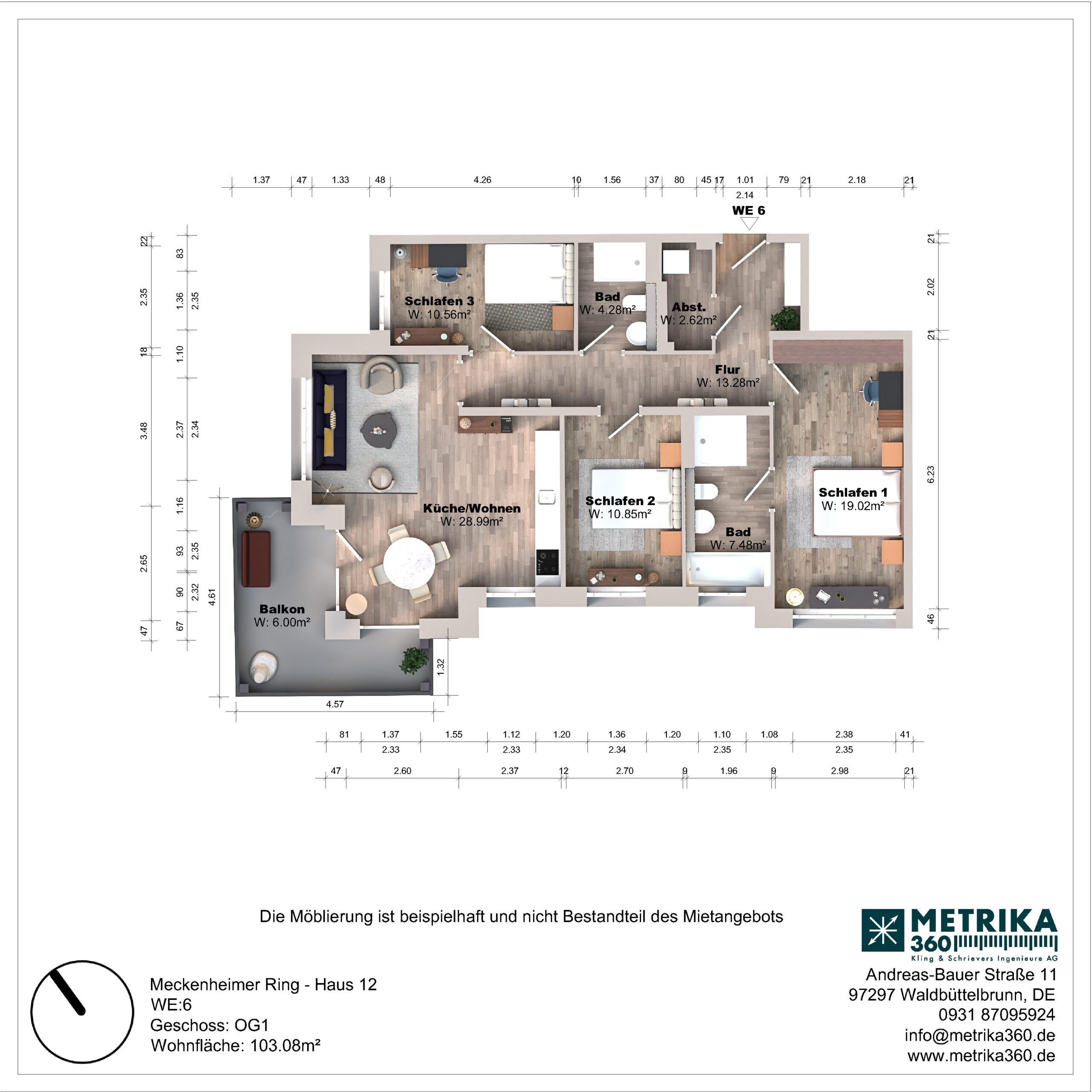Grundriss einer Wohnung mit drei Schlafzimmern und Balkon.