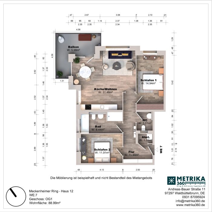 Grundriss einer Wohnung mit zwei Schlafzimmern und Balkon.