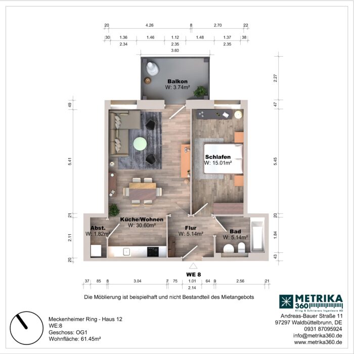 Grundriss einer Wohnung mit Balkon und Zimmern.
