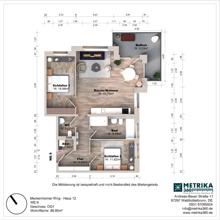 Grundriss einer Wohnung mit zwei Schlafzimmern, Balkon.