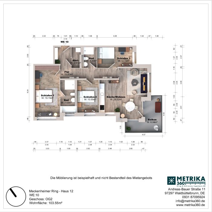 Grundriss einer Wohnung mit drei Schlafzimmern und Balkon.