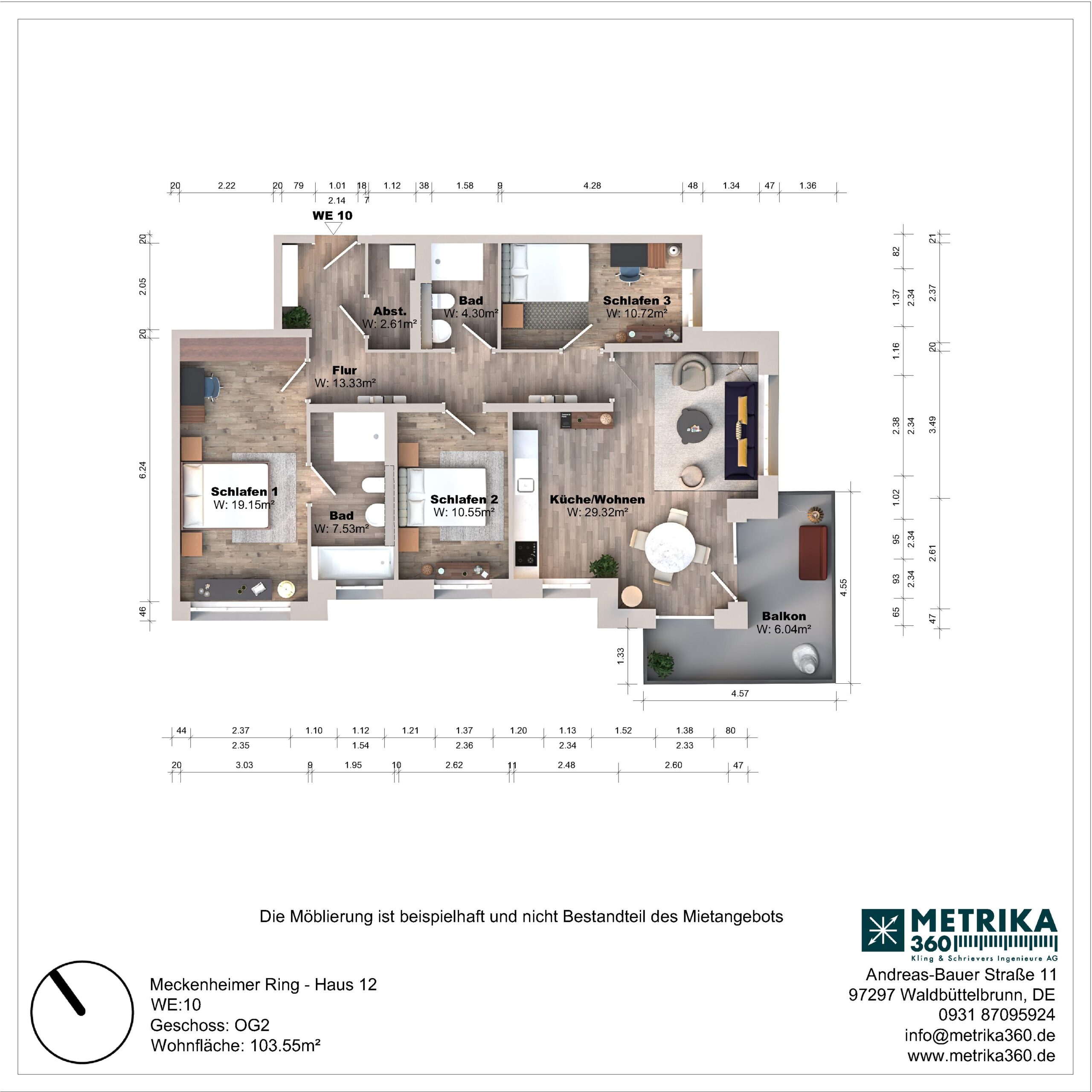Grundriss einer Wohnung mit drei Schlafzimmern und Balkon.