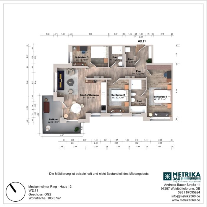 Grundriss einer Wohnung mit drei Schlafzimmern und Balkon.