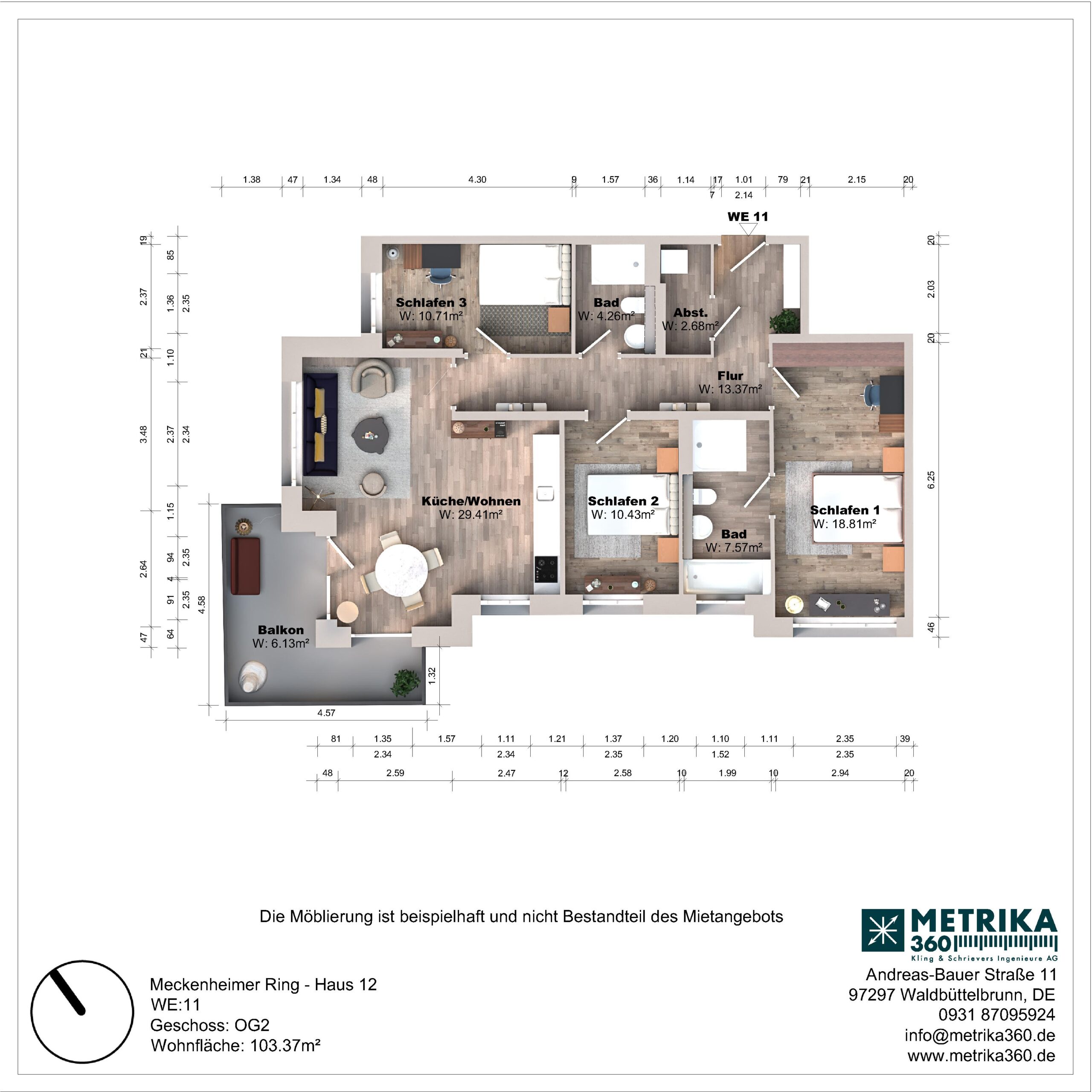 Grundriss einer Wohnung mit drei Schlafzimmern und Balkon.