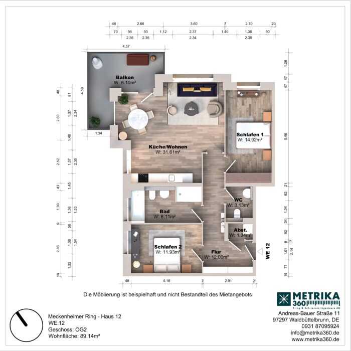Grundriss einer Wohnung mit zwei Schlafzimmern und Balkon.