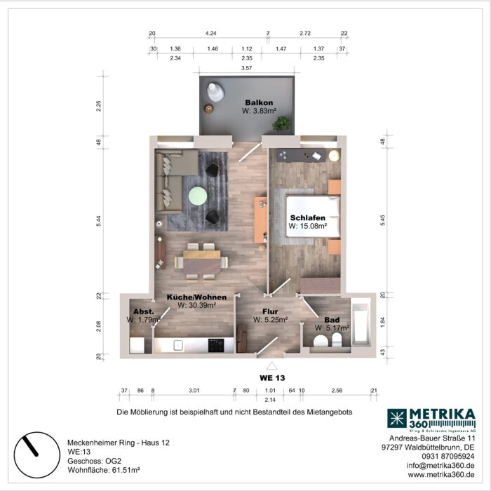 Grundriss einer Wohnung mit Balkon und Zimmeraufteilung.